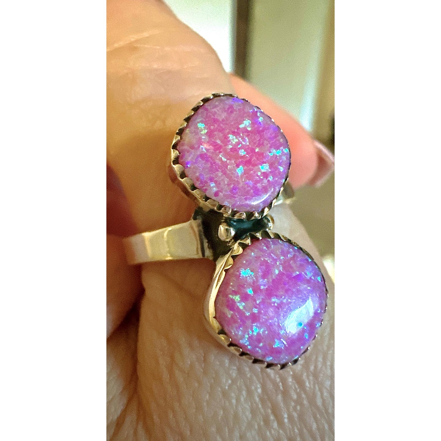 Pink Fire Aurora Opal Two Stone Ring Sterling Size 6-10