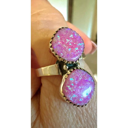 Pink Fire Aurora Opal Two Stone Ring Sterling Size 6-10