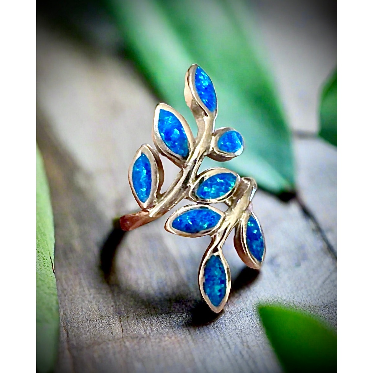 Balloon Blue Opal Leaf Climber Sterling Silver Ring Size 7