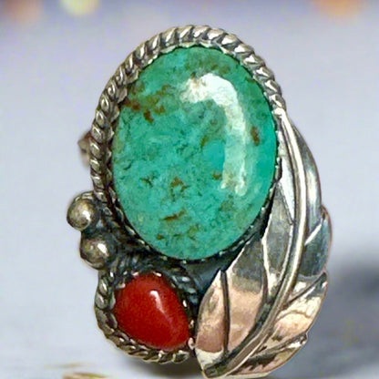 Kingman turquoise and Italian coral leaf rope design ring size 7