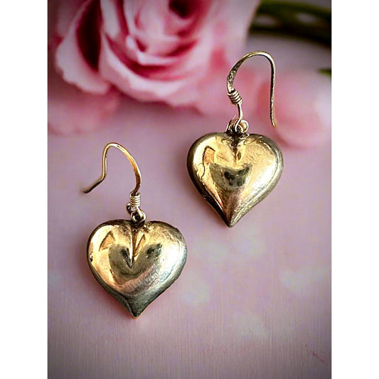 Vintage 3D Puffy Heart Sterling Silver Dangle Earrings 1.5” Long