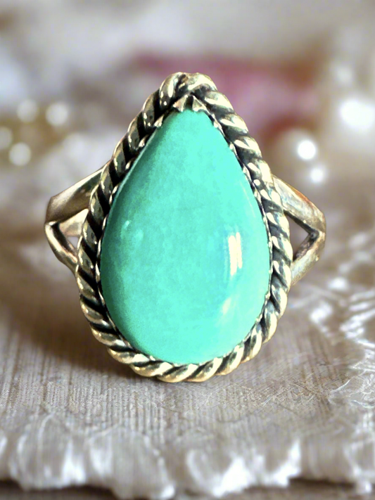 Southwestern Rope Design Turquoise Sterling Silver Ring Size 7