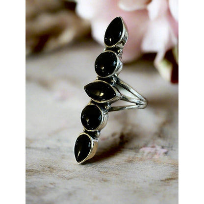 Five Stone Onyx Long Sterling Silver Ring Size 9