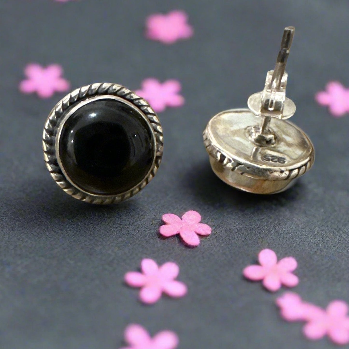 Black Onyx Round Rope Design Stud Earrings .925