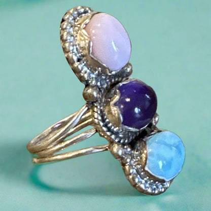 Larimar, Pink Opal & Amethyst Southwestern .925 Ring Size 8