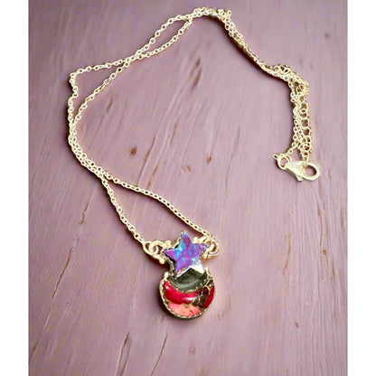 Purple Mohave Turquoise & Red Dahlia | Star & Moon | Sterling Silver Necklace | 18-20”