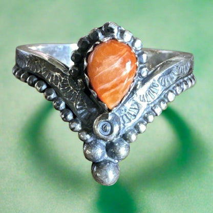 Orange Spiny Oyster Chevron Southwestern .925 Ring Size 10