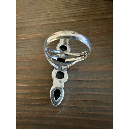 Five Stone Onyx Long Sterling Silver Ring Size 9