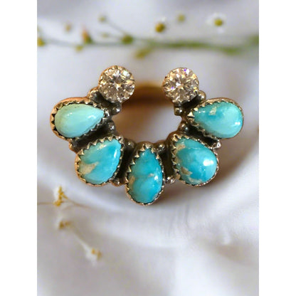 Bluebird Turquoise & Genuine Moissanite Diamond Naja Southwestern Ring Adjustable