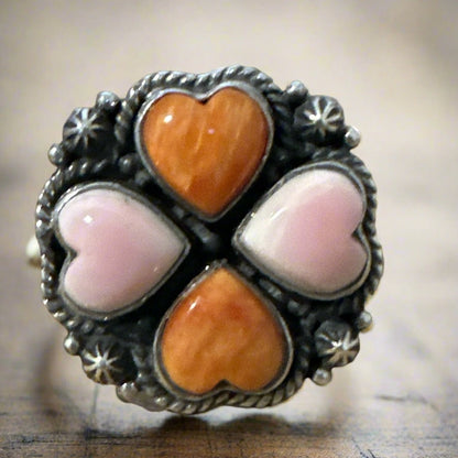 Spiny Oyster & Pink Conch Sterling Silver Southwestern Ring SZ 7