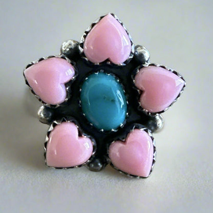Pink Conch & Turquoise Hearts southwestern ring, size 7