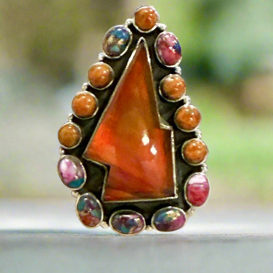 Spiny Oyster & Aurora Opal Lightening Bolt Southwestern Ring 2” Long