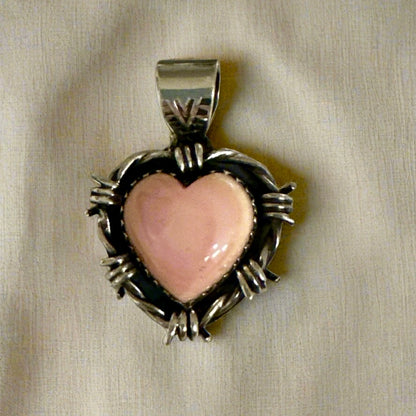 Barbed Wire Pink Conch Heart Pendant 1.25”