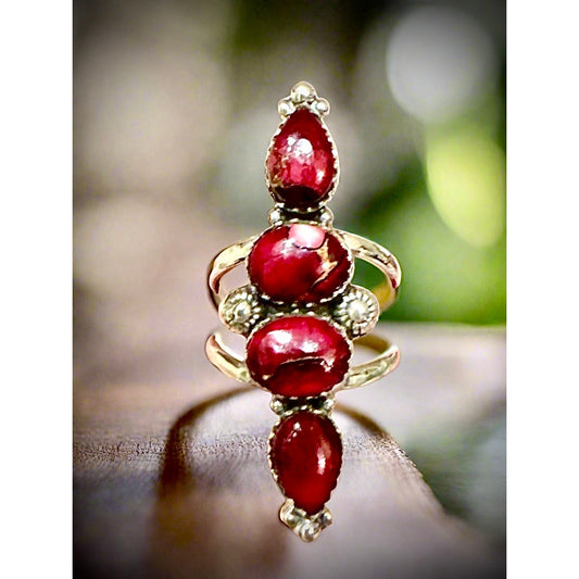 LStunning Red Rose Dahlia Teardrop Four Stone Long Ring Size 8