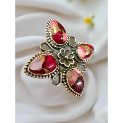 Red Rose Dahlia Statement Ring Sterling Silver Size 7