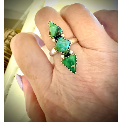 Sonoran Gold  Turquoise Three Stone Diamond Shape Sterling Ring Size 5-11 Adjustable