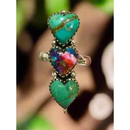 Kingman Turquoise & Pink Spiny Oyster Three Stone Ring Adjustable 925