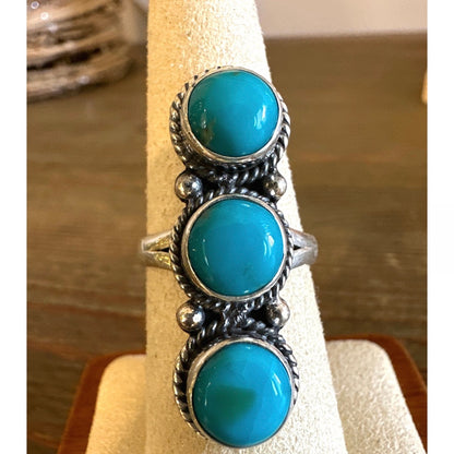 Three Stone Southwestern Kingman Turquoise Ring .925 Sterling Silver 7.25