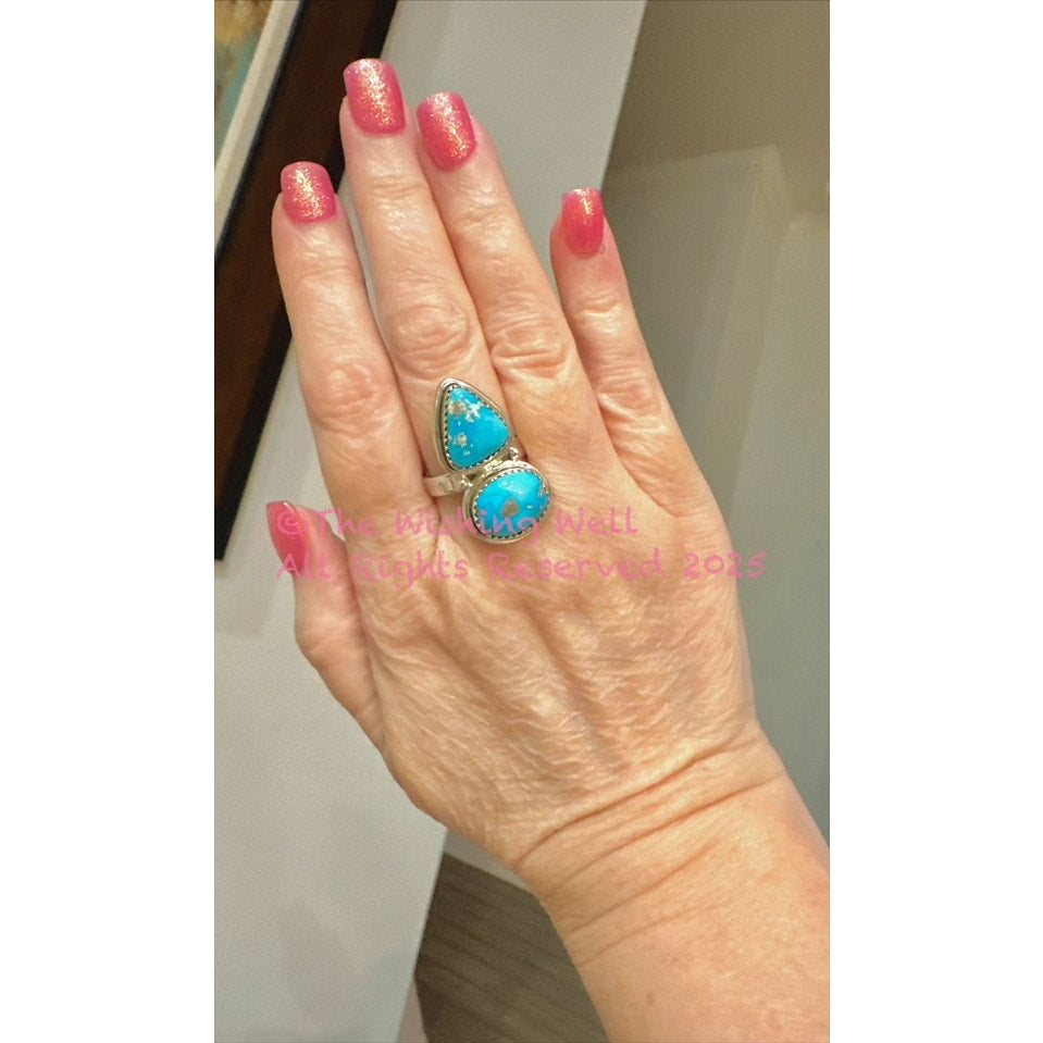 Blue Bird Turquoise | Two Stone Ring | 925 Sterling | Size Adjustable 5-10