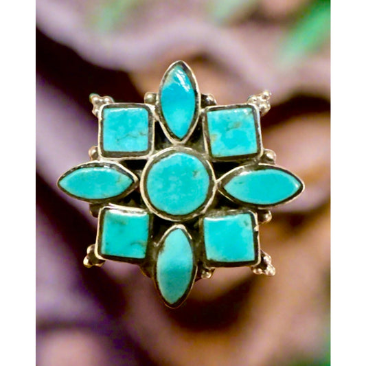 Turquoise Floral Sunburst Southwestern Sterling Ring 6-11