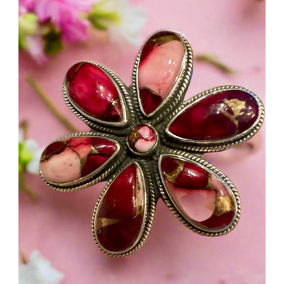 Red Rose Dahlia Flower Cluster Rope Design Ring Size 8