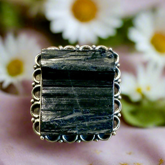 Huge Black Tourmaline Square Sterling Silver Ring Size 6
