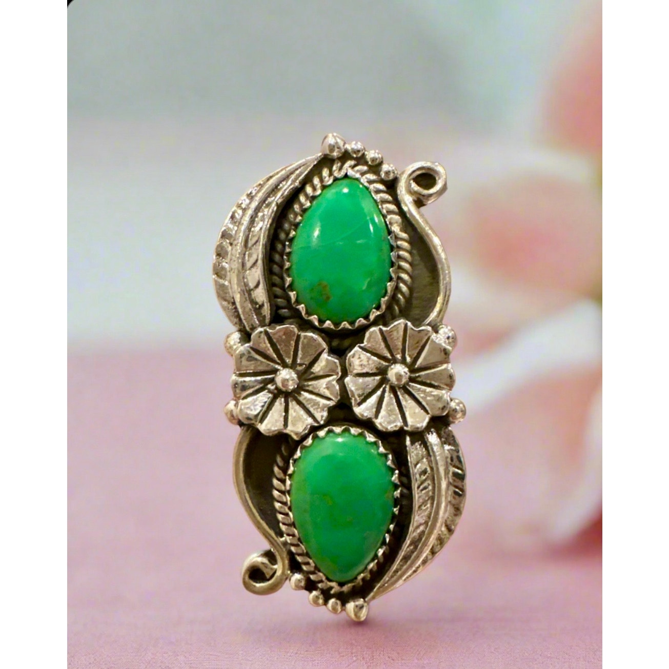 Green Turquoise Floral Leaf Feather Motif Sterling Size Adjustable 5-12