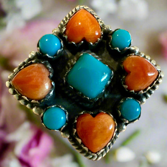 Turquoise & Spiny Oyster Southwestern Sterling Silver Ring Size 7