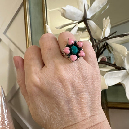 Pink Conch & Turquoise Hearts southwestern ring, size 7