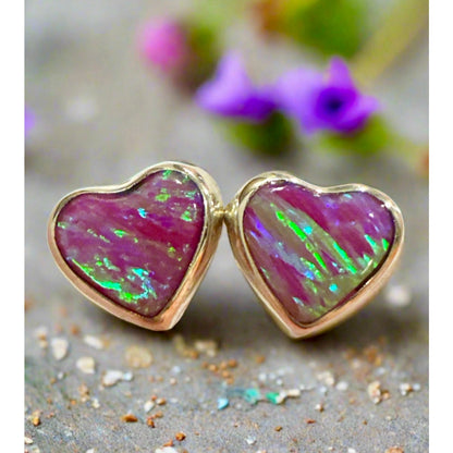 Pink Opal | Heart Shape Stud Earrings | 925 Sterling Silver