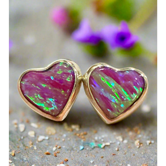 Pink Opal | Heart Shape Stud Earrings | 925 Sterling Silver