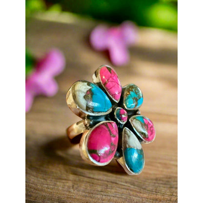Cotton Candy Turquoise Cluster Flower Ring Sterling Size 7