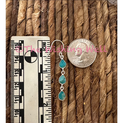 Three Stone Teardrop Turquoise Dangle Earrings| Sterling Silver 2”