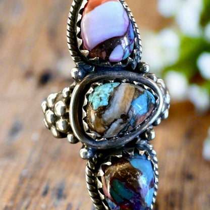 Spiny Oyster Pink Dahlia Turquoise Three Stone Long Ring 8.5