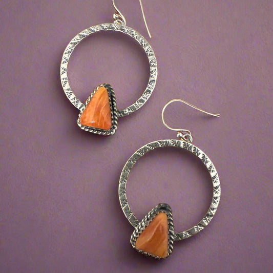 Orange Spiny Oyster Hammered Hoop Earrings 2”