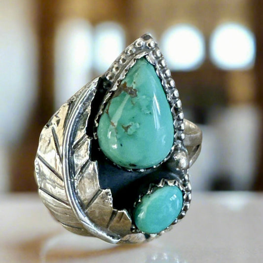 Genuine, turquoise leaf design, two stone southwestern ring .925 silver size  10