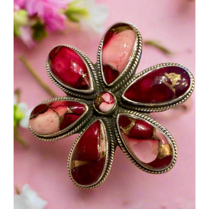 Red Rose Dahlia Flower Cluster Rope Design Ring Size 7.25