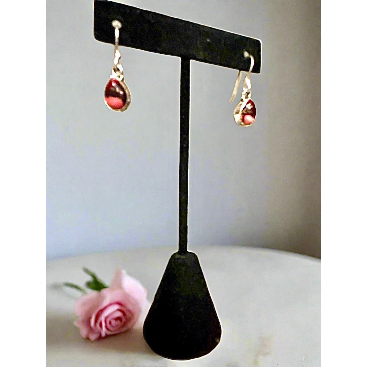 Red Rose Dahlia Turquoise Teardrop Dangle Earrings 1” Long