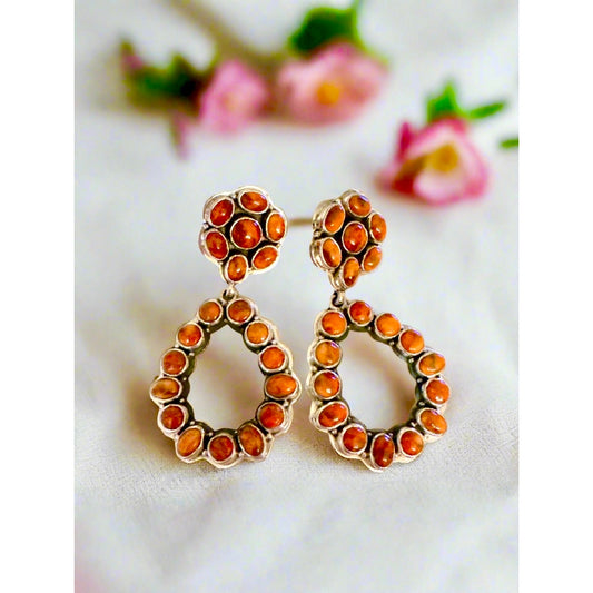 Orange Spiny Oyster Statement Dangle Sterling Silver Earrings 2”