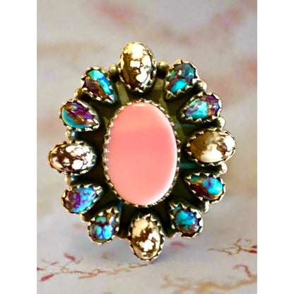Queen Pink Conch Wild Horse Jasper & Purple Mojave Cluster Ring Adjustable 6-10