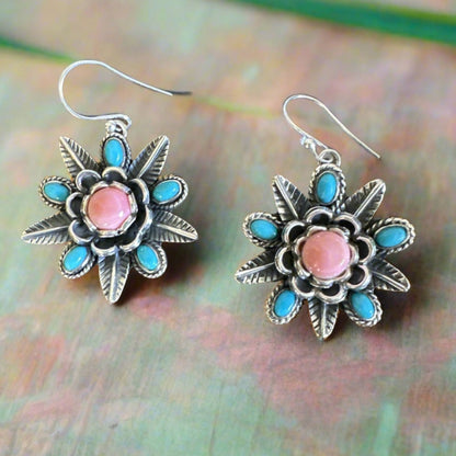 Southwestern Handmade Pink Conch & Turquoise Earrings 18 Grams