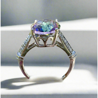 4.58 Carat Genuine 10K MYSTIC Topaz 8 Diamond White Gold Ring Size 7