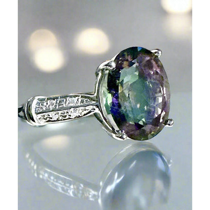 4.58 Carat Genuine 10K MYSTIC Topaz 8 Diamond White Gold Ring Size 7