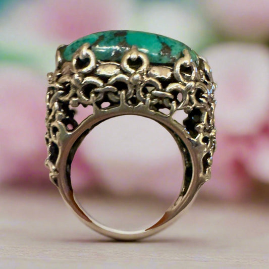 Amazing Turquoise Filigree Ring .925 Sterling Silver Ring Sz 8