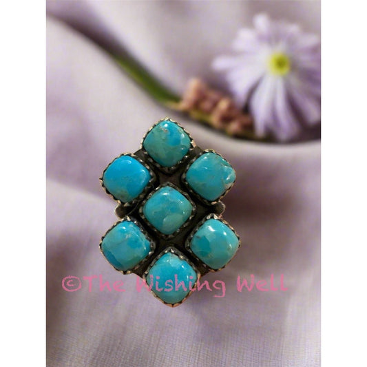 Kingman Blue Turquoise Cluster Ring | Sterling Silver| Size 7