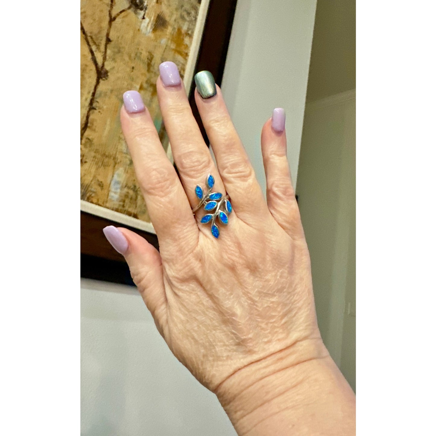 Balloon Blue Opal Leaf Climber Sterling Silver Ring Size 7
