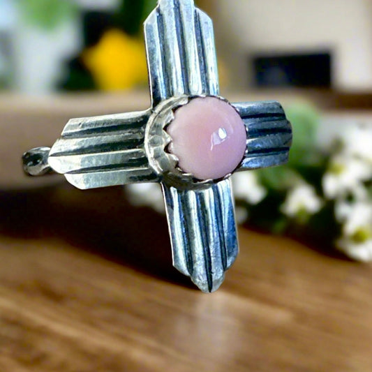 Pink Conch Zia Cross Sterling Silver Ring Size 10