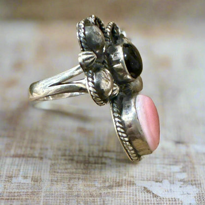 Onyx & Pink Conch Dragonfly Sterling Silver Ring Size 8.25
