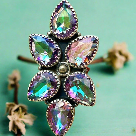 HUGE Teardrop Sawtooth Oxidized Mystic Topaz .925 Ring Adjustable 4-12
