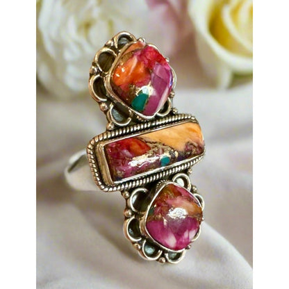 STUNNING!!! Pink Spiny oyster Three Stone Ring Adjustable 6-10